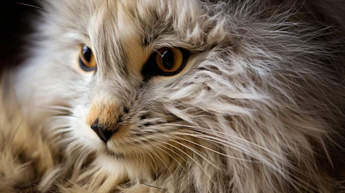 Captivating Close-up of a Long-haired Cat in Gold and Gray Shades