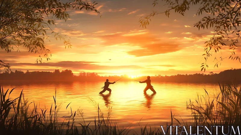 AI ART Lake Warriors: Sunset Silhouette Fight