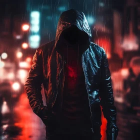 Anonymous Figure in Rain-soaked Cityscape