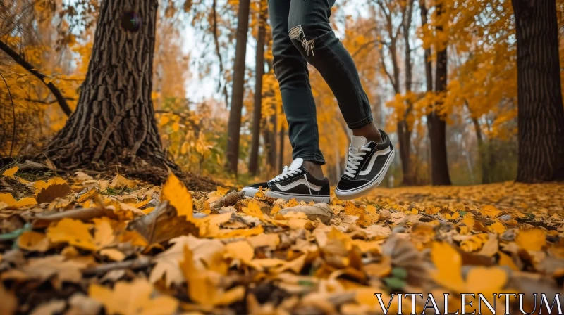Enchanting Autumn Forest: A Person Walking Amidst Nature's Splendor AI Image