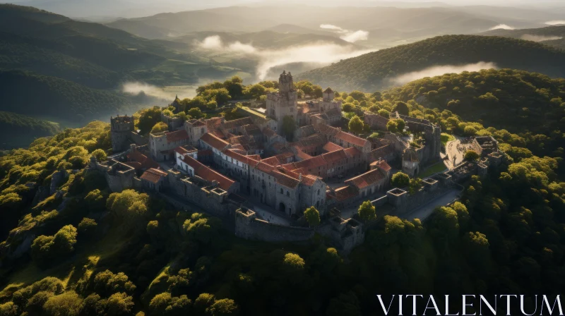 Enigmatic Castle on Misty Mountains | Aerial Photography AI Image