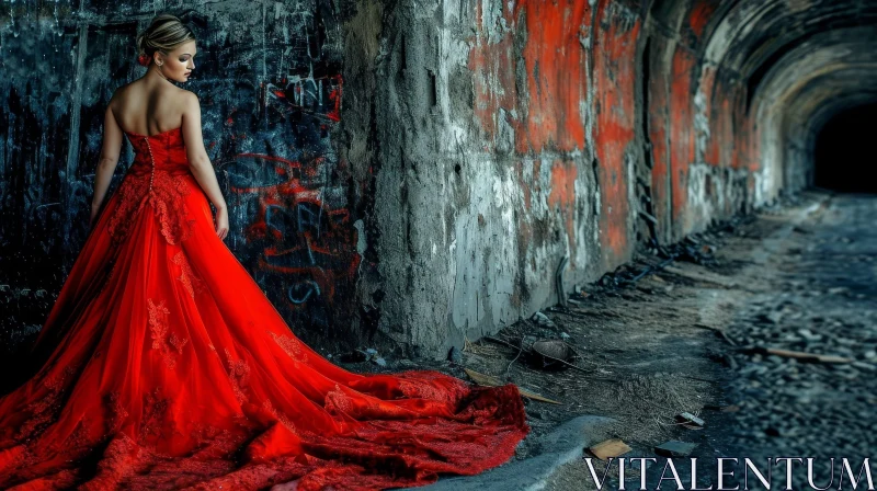 Enigmatic Woman in a Red Dress Standing in a Dark Tunnel AI Image