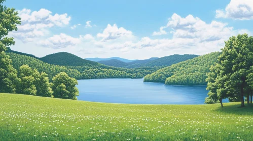 Tranquil Lake Scene with Greenery and Blue Sky