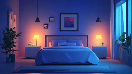 Modern Bedroom with Calming Blue and Orange Hues