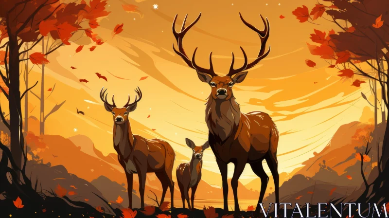 Graphic Novel Style Illustration of Deer in Autumn Forest AI Image