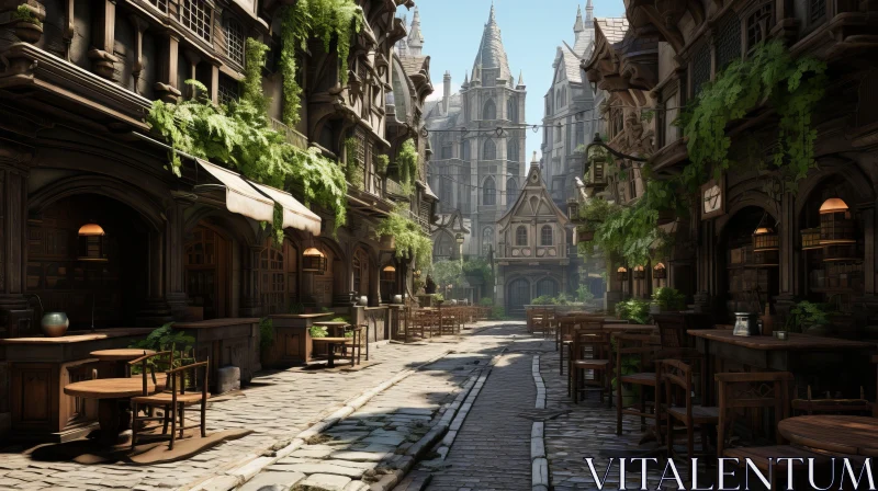 Medieval City Street: A Detailed Foliage Render in Unreal Engine 5 AI Image