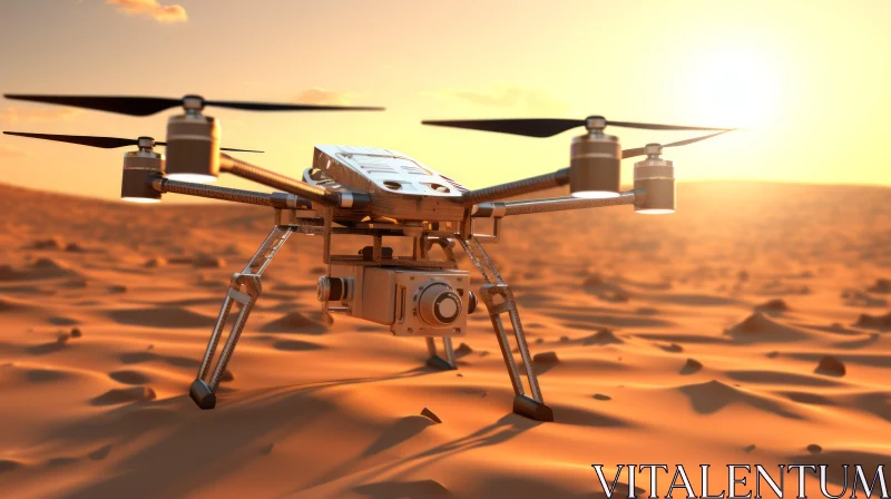 Silver Drone Over Desert at Sunset: A Photorealistic Artwork AI Image