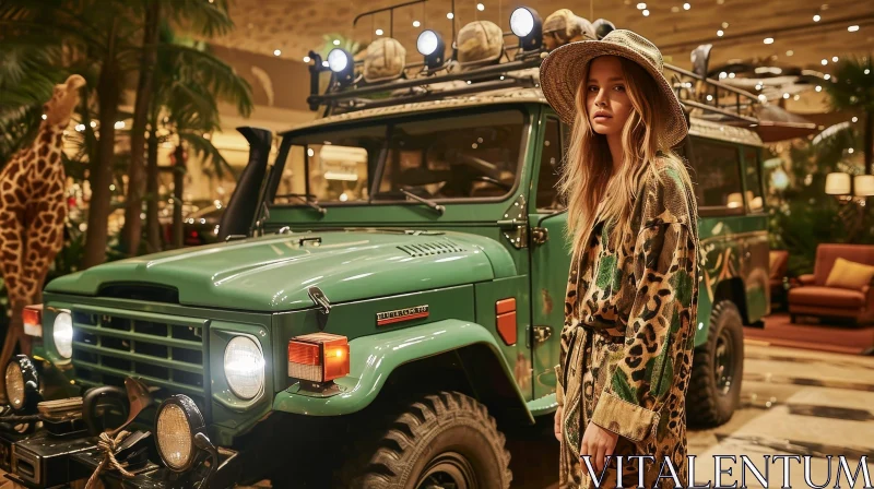 Stylish Woman in Safari Outfit Poses Next to Vintage Car AI Image