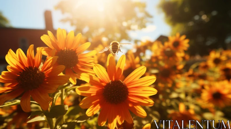 Summer Sunset: Bee Amidst Sunflowers AI Image
