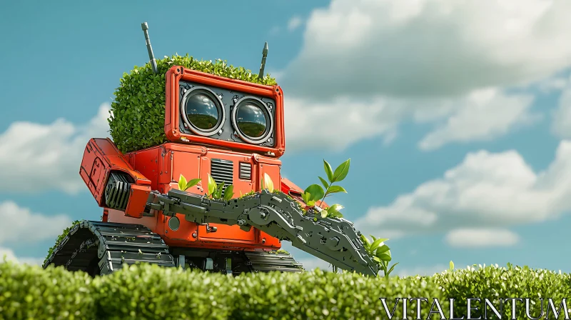 Whimsical Robot in a Green Garden AI Image