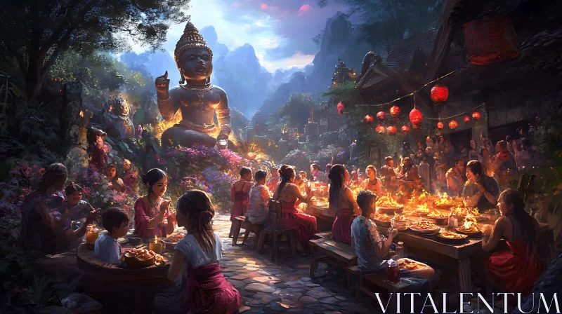 Festive Gathering Near Temple AI Image