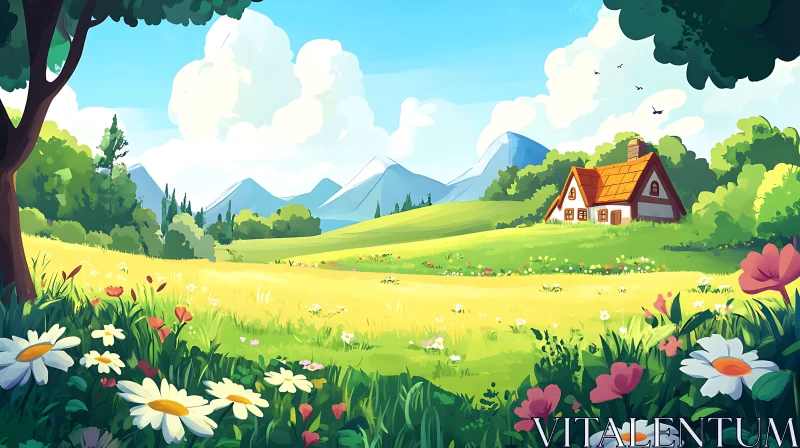 Scenic Meadow with House and Mountains AI Image