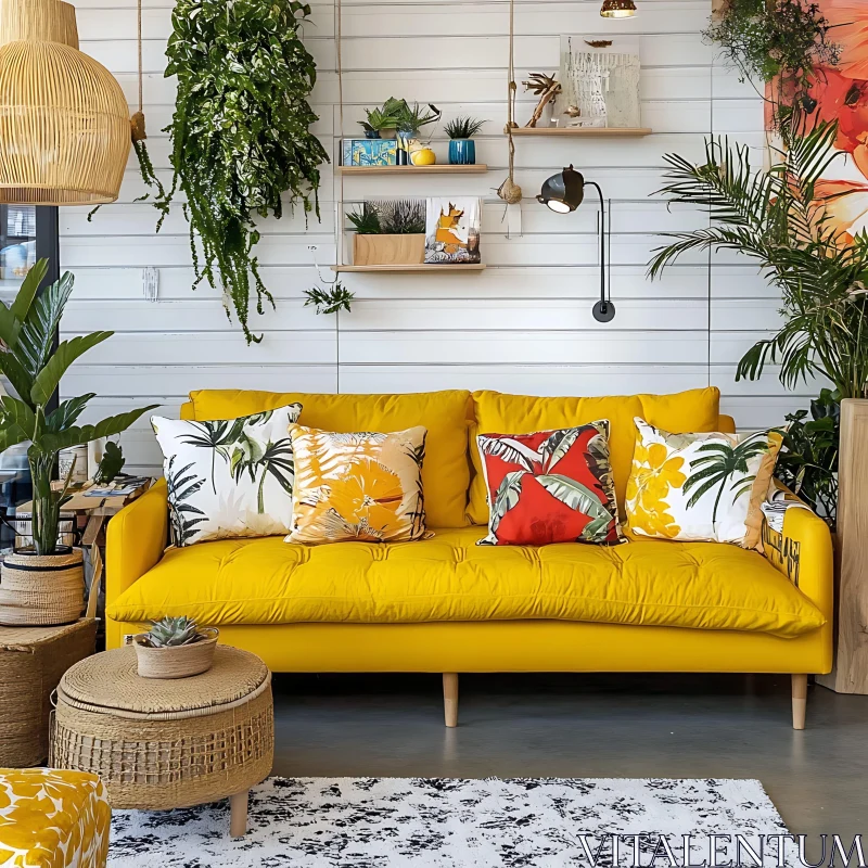 Cozy Interior with Tropical Accents AI Image