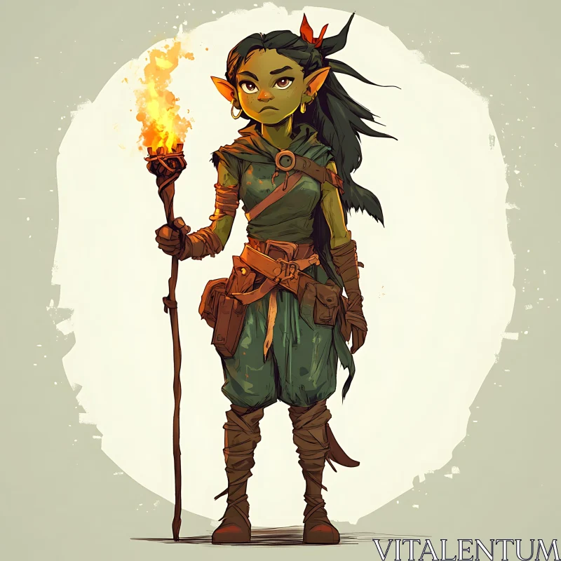 AI ART Female Goblin with Torch in Fantasy Style