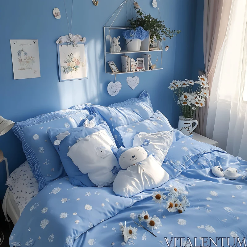 AI ART Serene Blue Bedroom with Floral Accents