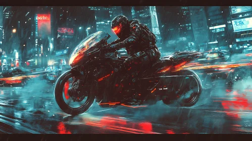 Futuristic Motorcycle Ride Through Rainy City