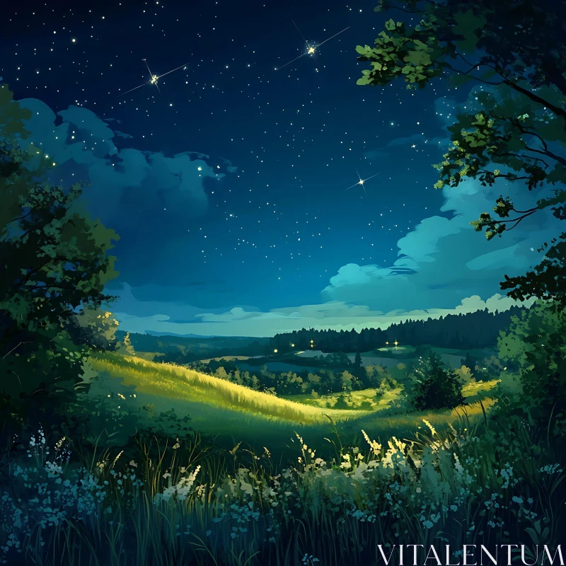 AI ART Peaceful Night Landscape with Starry Sky