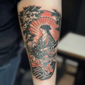 Elegant Geisha Tattoo Art with Floral Elements