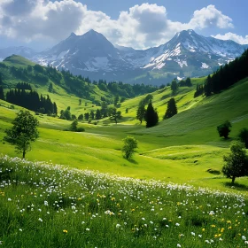 Green Meadow with Snow-Capped Mountains