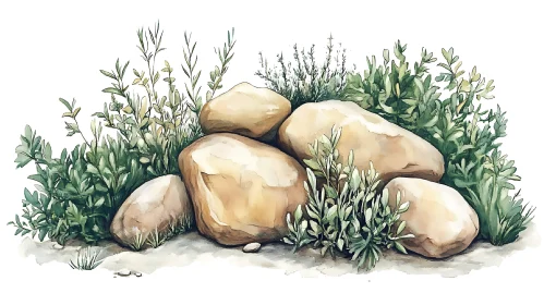 Watercolor Stones with Green Plants