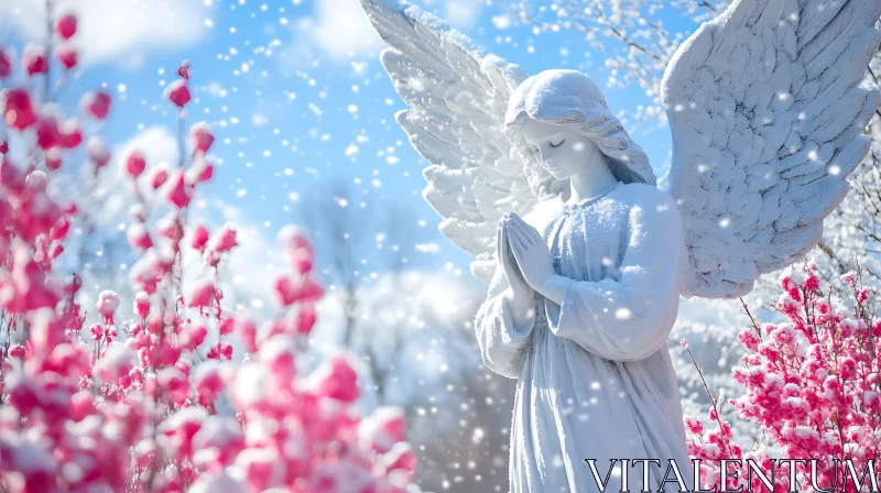 AI ART Winter Angel with Pink Flowers