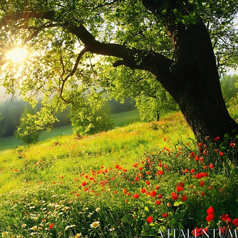 Floral Meadow under the Sunlight AI Image