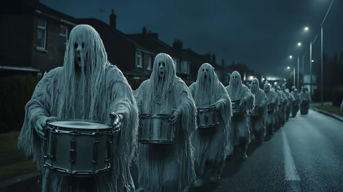 Eerie Ghost Procession on a Dark Street