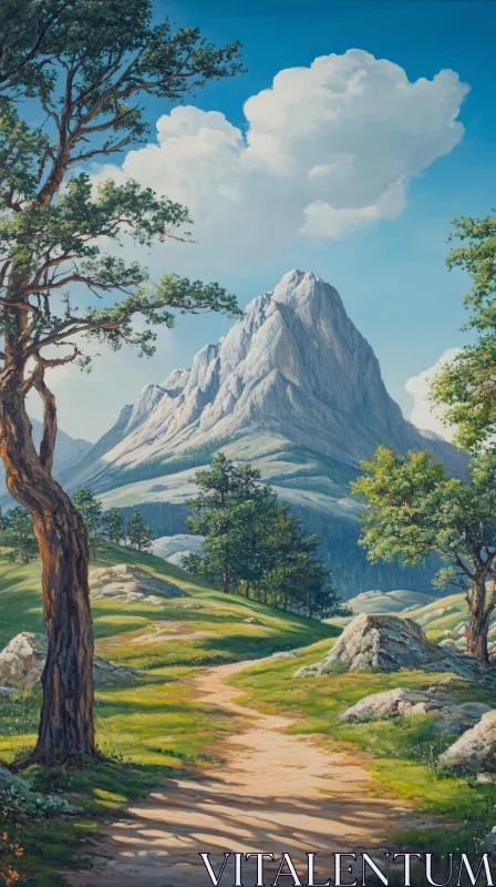 AI ART Majestic Mountain with Winding Path and Trees