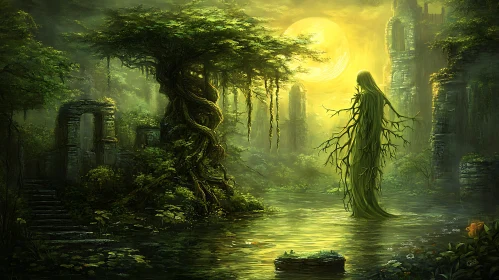 Ethereal Forest Spirit in Overgrown Ruins