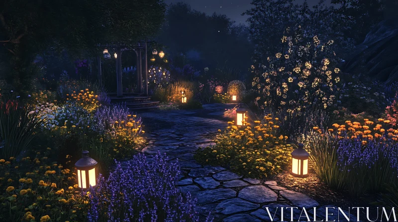 Illuminated Floral Path at Night AI Image