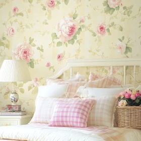 Elegant Bedroom with Floral Wallpaper and Pink Accents