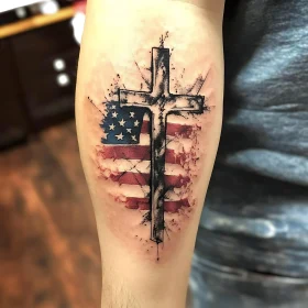 American Flag and Cross Forearm Tattoo