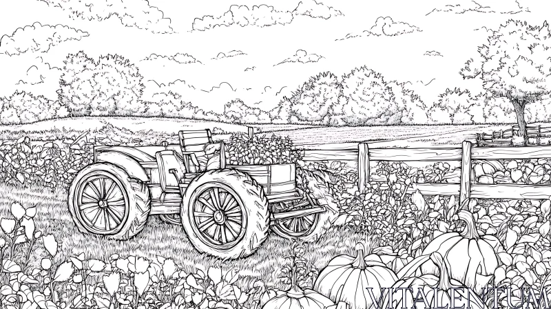 Monochrome Farm Scene with Tractor AI Image