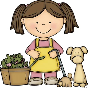 Girl, Dogs, and Flowers Cartoon