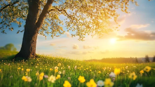 Sunlit Meadow with Blossoming Tree