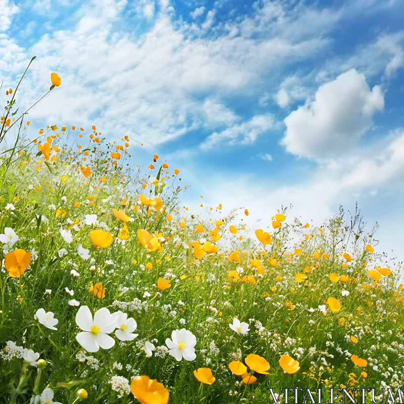 AI ART Field of Flowers, Blue Sky