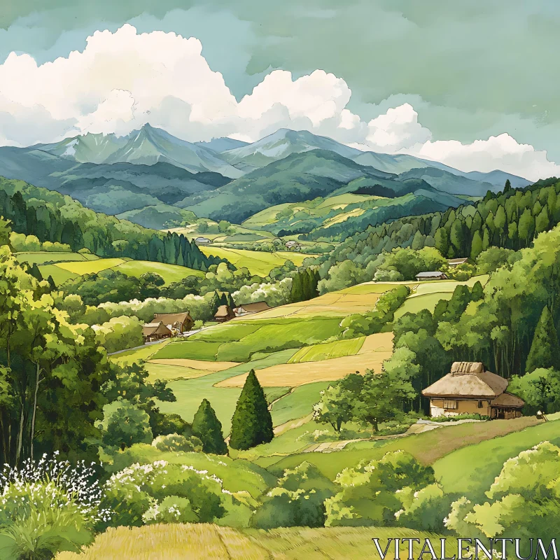 Idyllic Countryside Vista with Rolling Hills AI Image