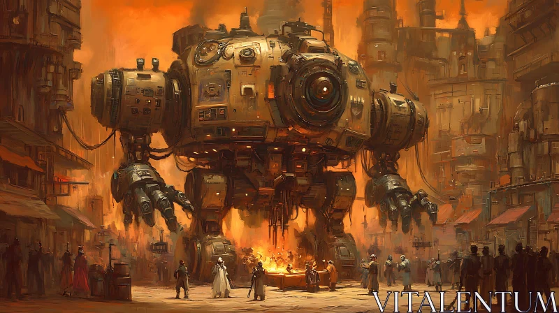 Giant Robot in Steampunk Metropolis AI Image