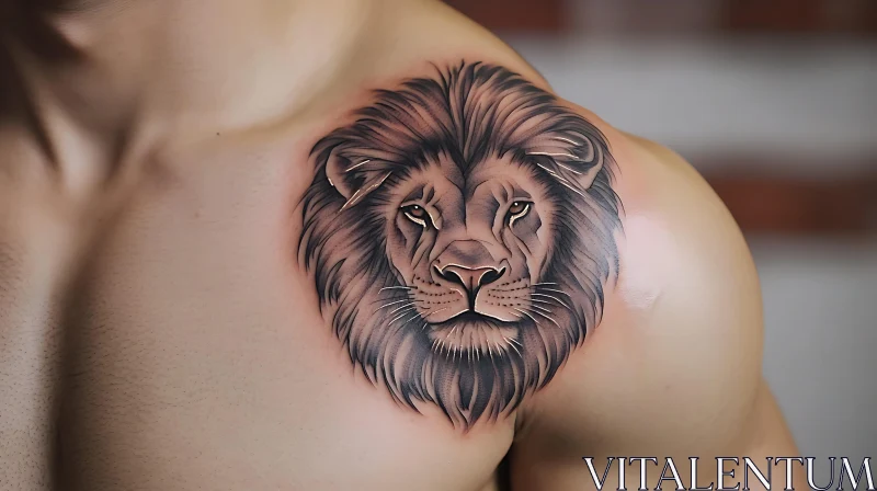 Detailed Lion Tattoo on Chest and Shoulder AI Image