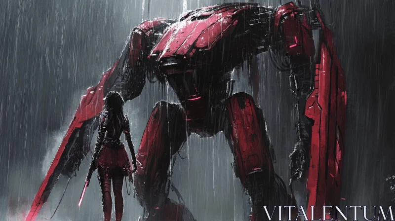 Cyberpunk Robot and Warrior in the Rain AI Image