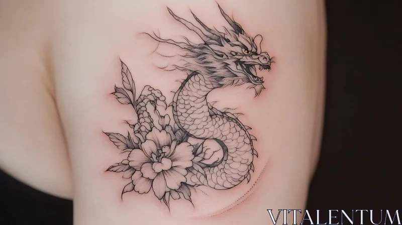 Intricate Dragon and Flower Tattoo Art AI Image