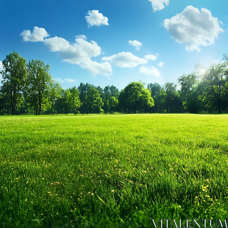 AI ART Green Meadow with Trees and Sky