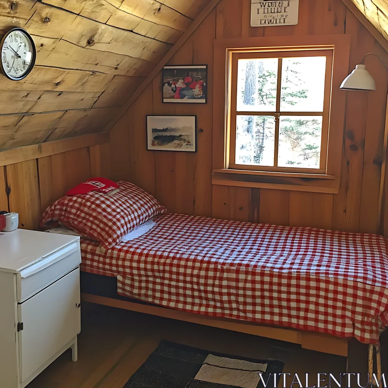 AI ART Cozy Cabin Bedroom with Checkered Bed