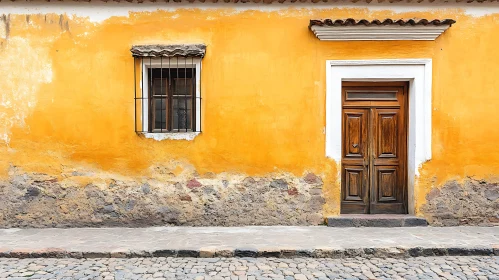 Vintage Building Facade with Weathered Yellow Wall