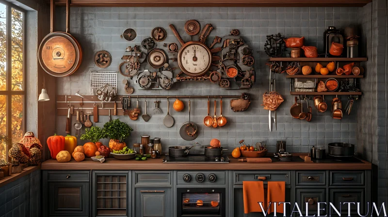 AI ART Vintage Kitchen with Gears and Utensils