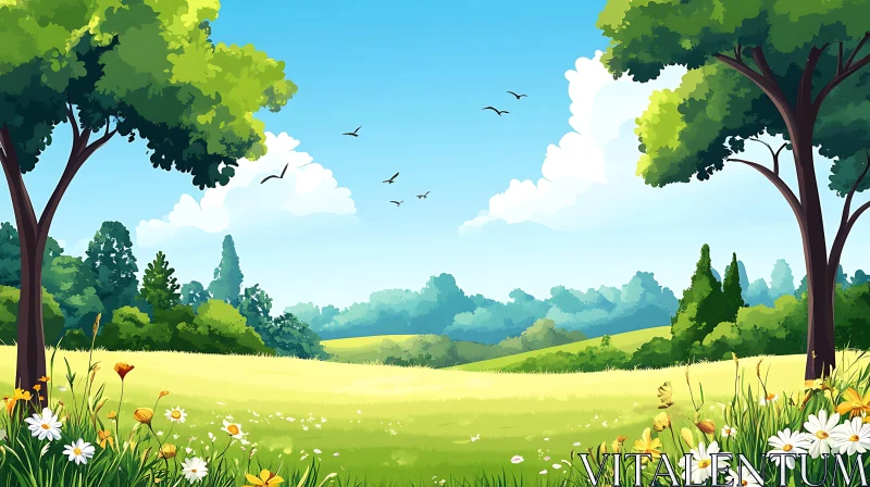 AI ART Cartoon Field with Flowers and Trees