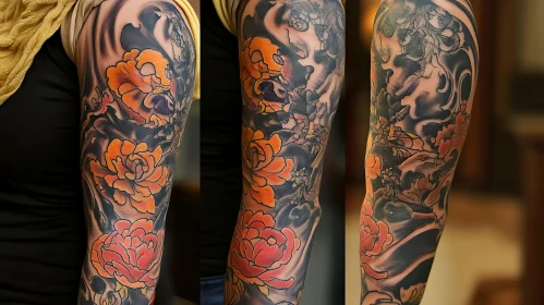 Floral Sleeve Tattoo with Orange Blossoms on Black Background