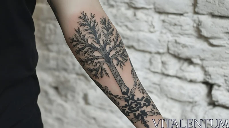 Forearm Tree Tattoo in Black Ink AI Image