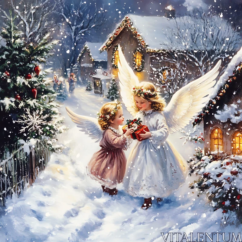 AI ART Winter Angels Sharing Christmas Gift