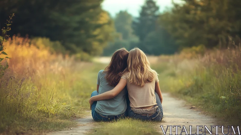 Girls Embracing in a Sunny Field AI Image